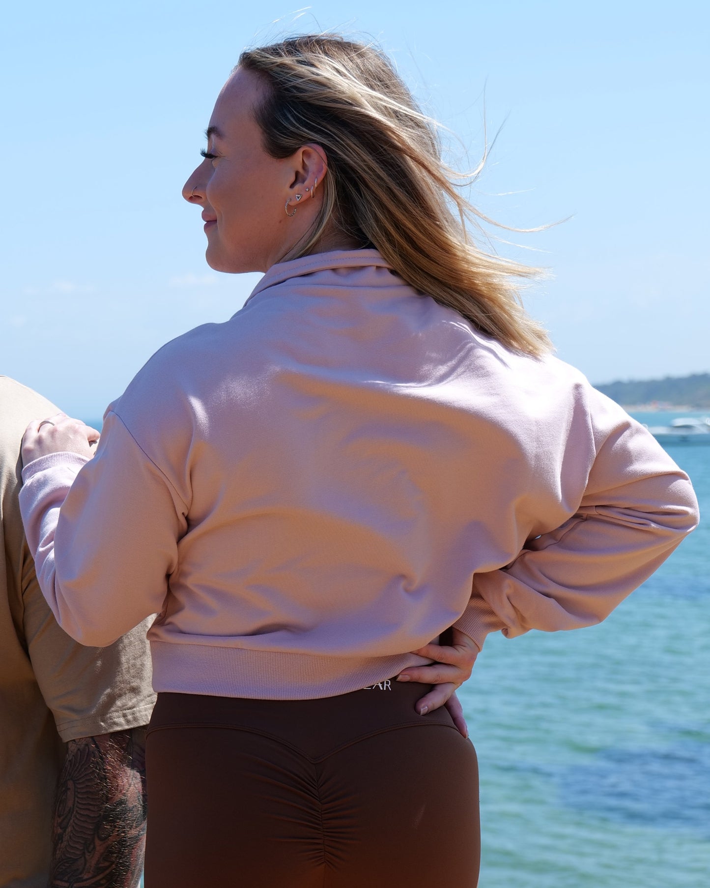 Pink Embossed Quarter Zip Cropped Pullover