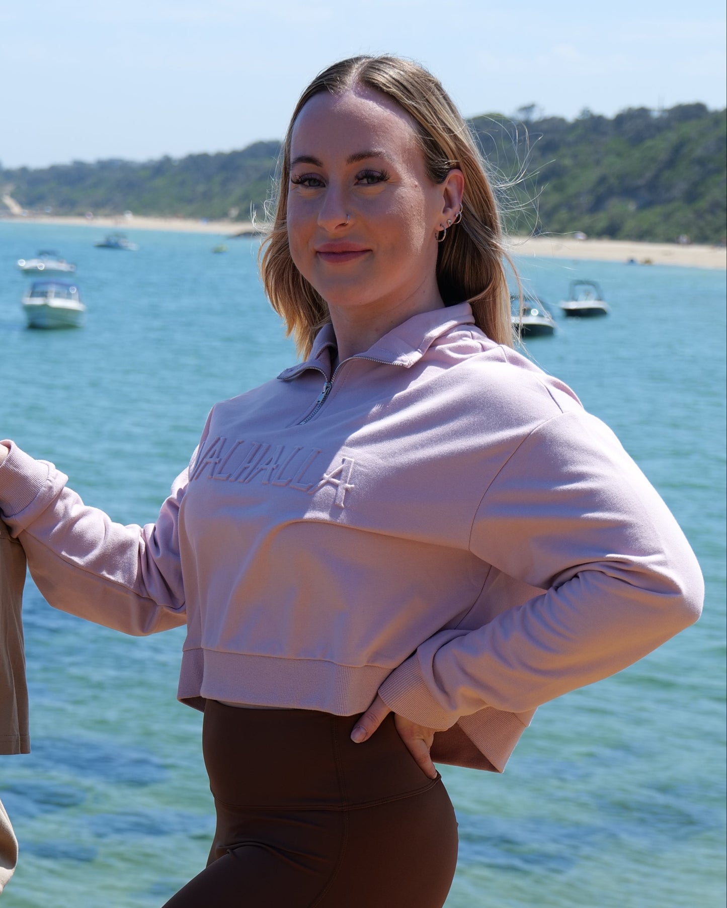 Pink Embossed Quarter Zip Cropped Pullover