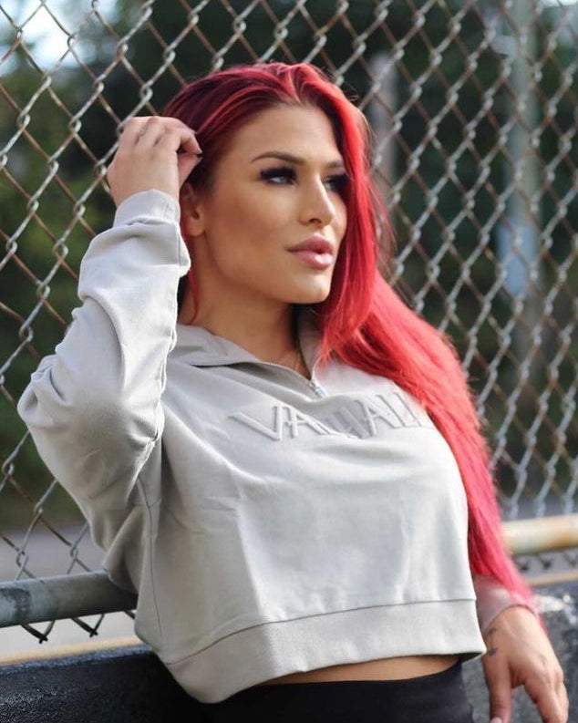 Grey Embossed Quarter Zip Cropped Pullover